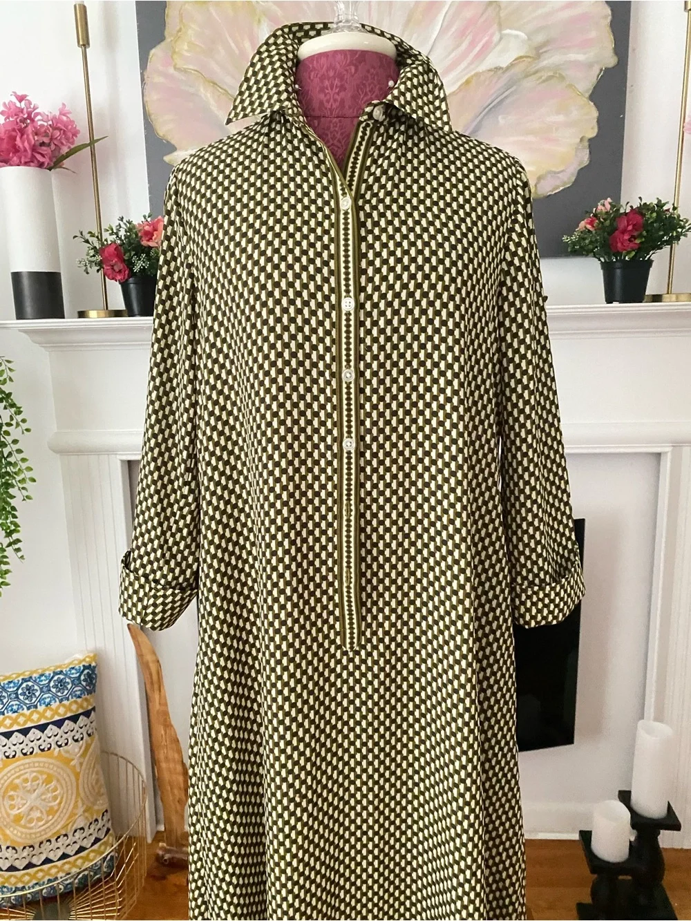 Green and Cream Geometric 3/4 Sleeve Maxi Dress